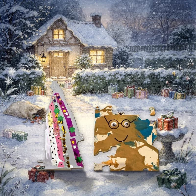 A real Feltip scene from Christmas Adventure: one child's sequinned queen and another child's googly-eyed painting, each lifted off its paper exactly as made and standing on it, with a shadow, in a painted place.