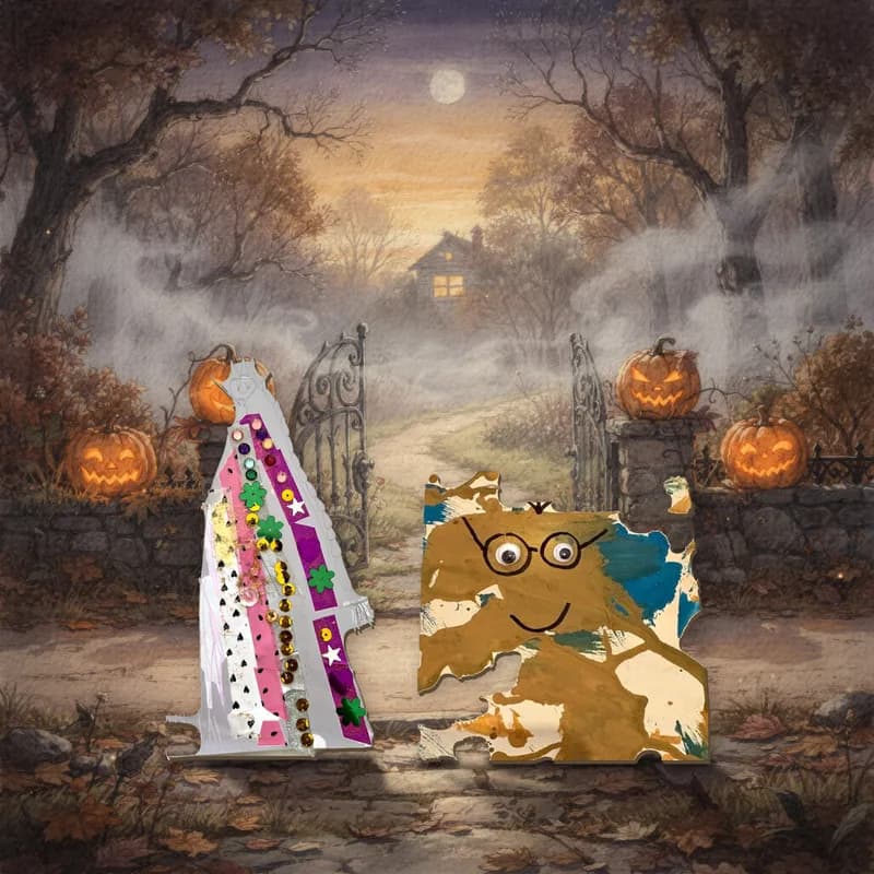 A real Feltip scene from Halloween Adventure: one child's sequinned queen and another child's googly-eyed painting, each lifted off its paper exactly as made and standing on it, with a shadow, in a painted place.