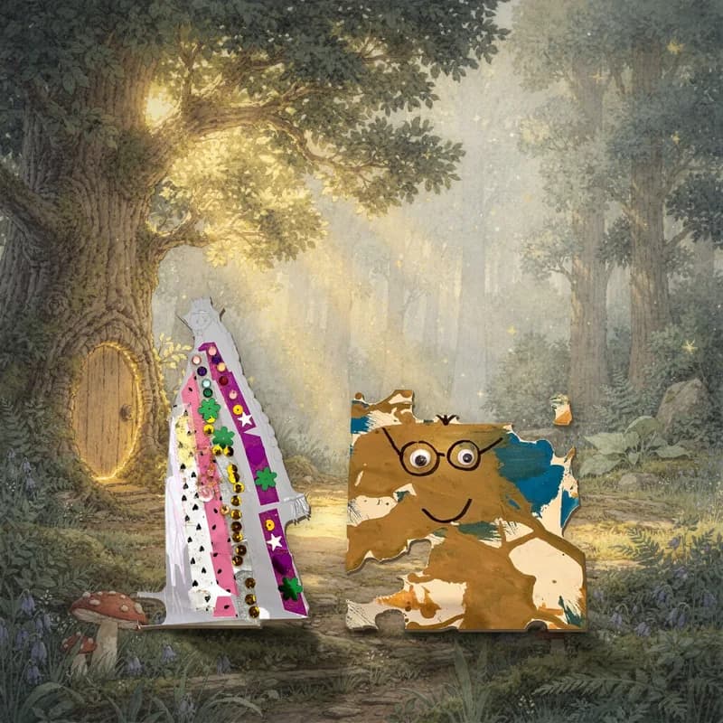 The same painted face in a story, standing in a painted forest beside another child's drawing of a queen.