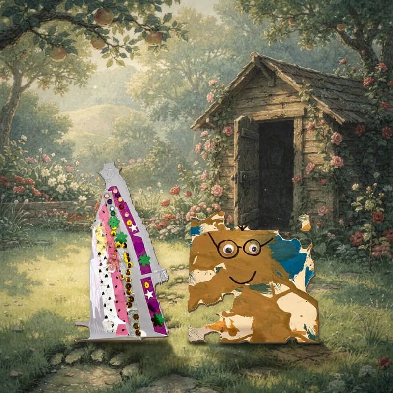A real Feltip scene from Monster Hunt: one child's sequinned queen and another child's googly-eyed painting, each lifted off its paper exactly as made and standing on it, with a shadow, in a painted place.
