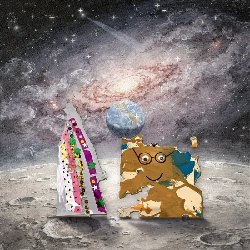 A real Feltip scene from Space Mission: one child's sequinned queen and another child's googly-eyed painting, each lifted off its paper exactly as made and standing on it, with a shadow, in a painted place.