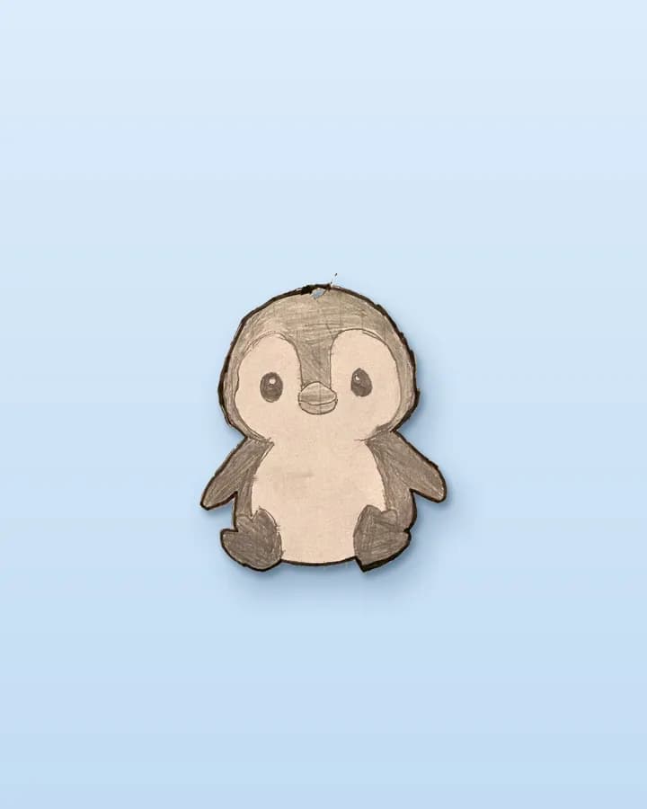 The penguin lifted off its lined paper: the grey pencil shading, the black outline and the pale belly are whole, and the printed lines, the torn edge and the carpet are gone.