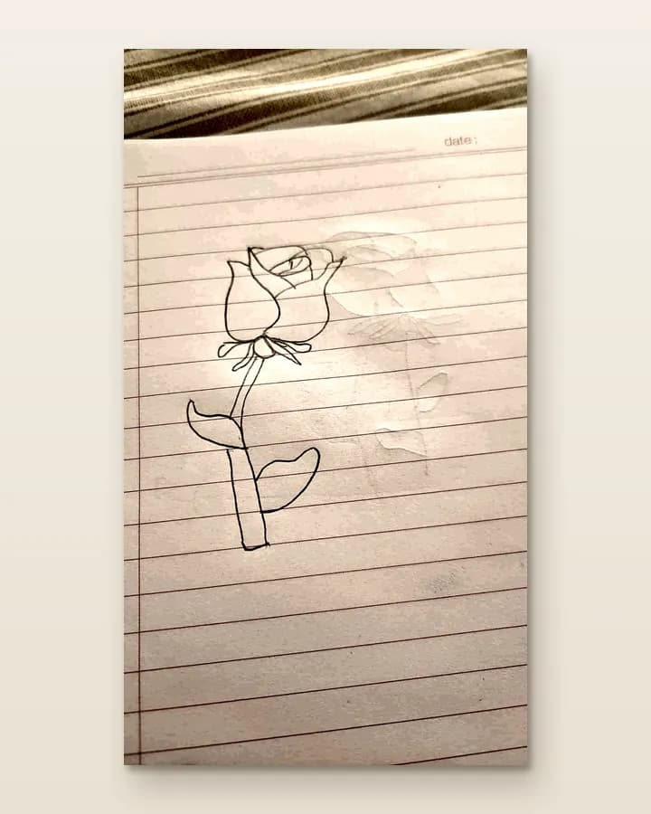 A phone photo of a child's pencil drawing of a rose with a stem and two leaves, on a ruled notebook page with a printed header and margin, photographed on a striped cloth. A drawing on the page beneath shows through faintly.