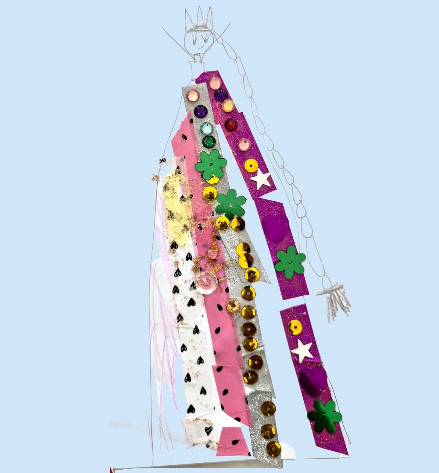 The same queen, cut out of the photo with the background removed — every sequin and pencil line unchanged.