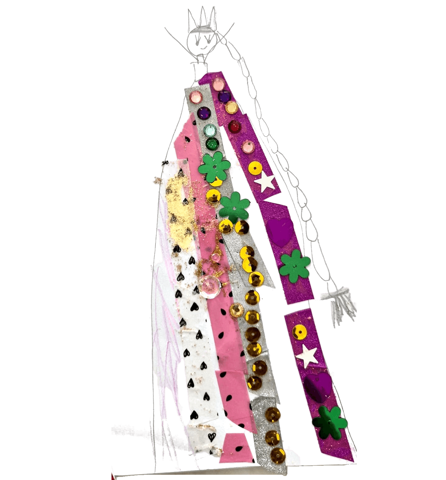 The same queen, cut out of the photo round her own outline — every sequin and pencil line unchanged, the page and the loose stickers gone.