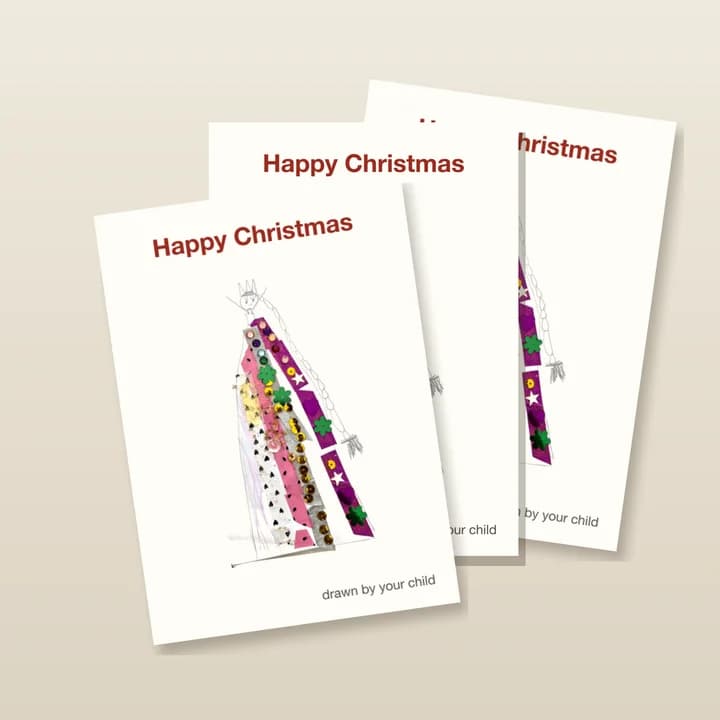 A mockup of three of the ten cards, fanned out, each with the same drawing on the front.