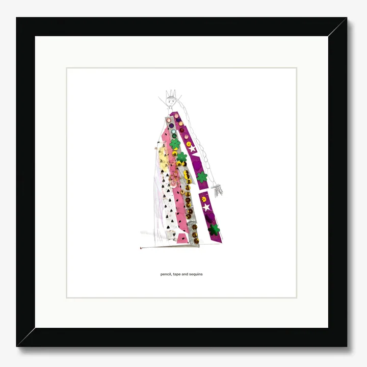 A mockup of the framed print: a child's drawing of a queen in a sequinned dress, mounted in a black frame.