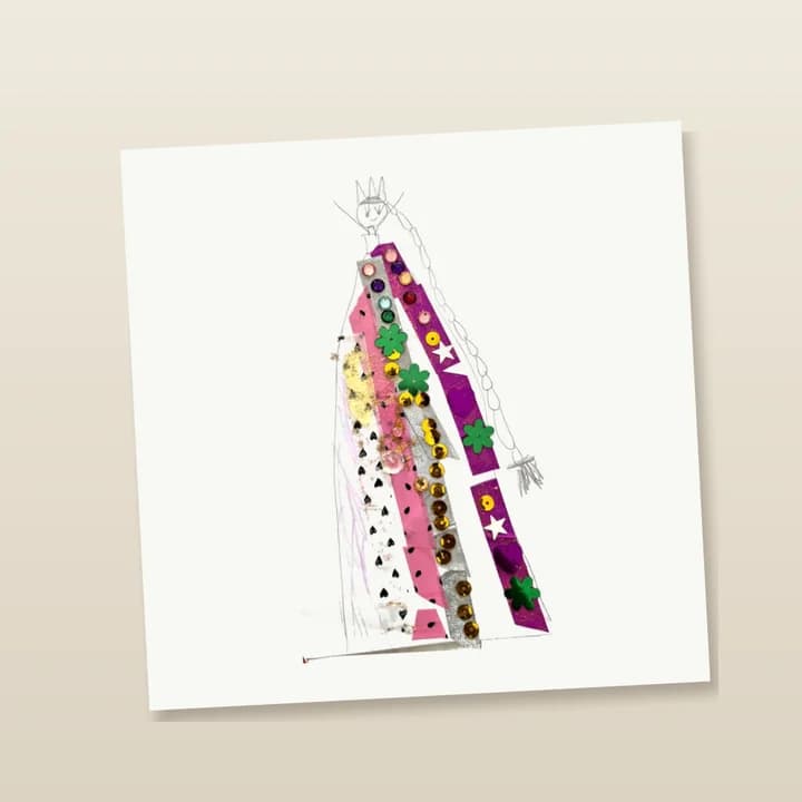 A mockup of the glow-in-the-dark print with the lights on: a child's drawing of a queen in a sequinned dress, exactly as drawn, on a white sheet.