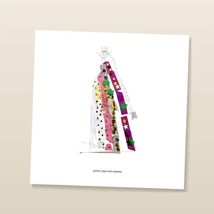 A mockup of the art print: a child's drawing of a queen in a sequinned dress on a square white sheet.