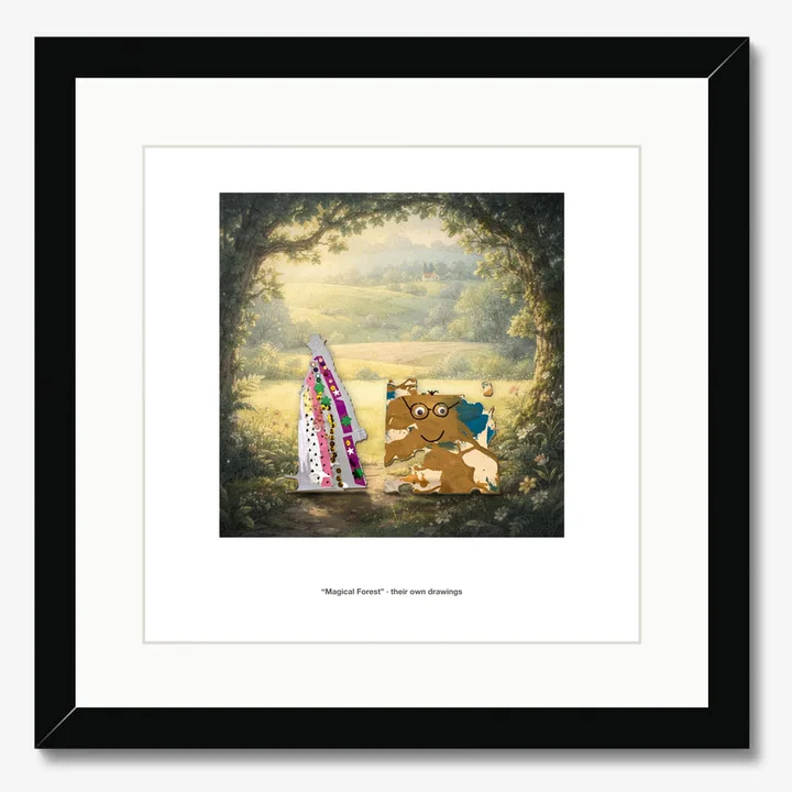 A mockup of the framed print, made from the real print file: the last scene of an adventure, with the two drawings standing in it.