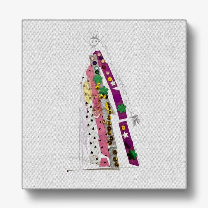 A mockup of the canvas: a child's drawing of a queen in a sequinned dress on a square stretched canvas.
