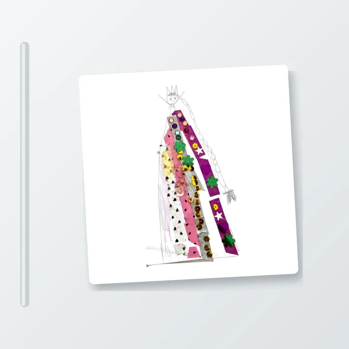 A mockup of the fridge magnet: a child's drawing of a queen in a sequinned dress on a square magnet on a fridge door.