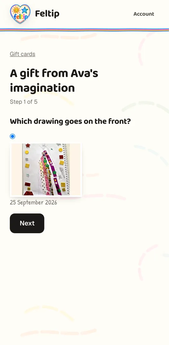 Making a gift card: A gift from Ava's imagination, with Ava's drawing chosen for the front.