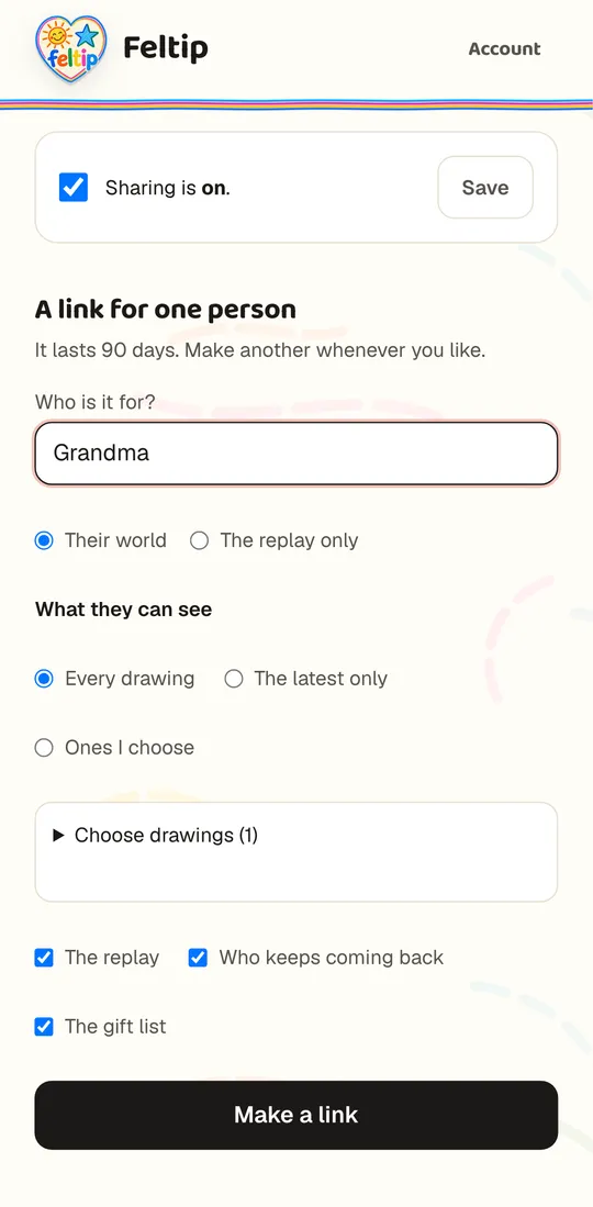 Making a private link for Grandma: who it is for, what she can see, and a Make a link button.