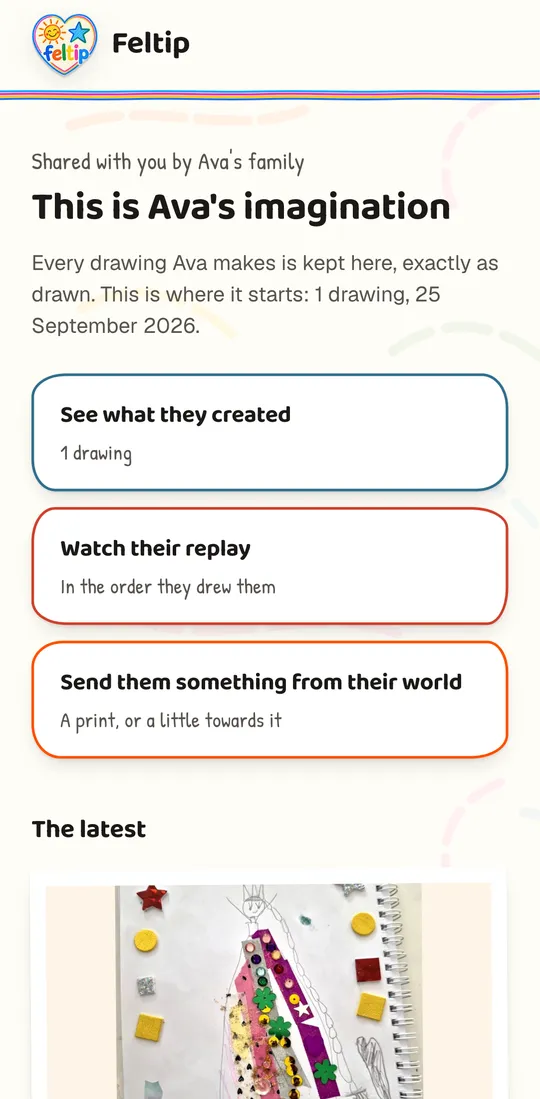 What Grandma sees with no app and no account: This is Ava's imagination, with her drawings, the replay, and a way to send something.