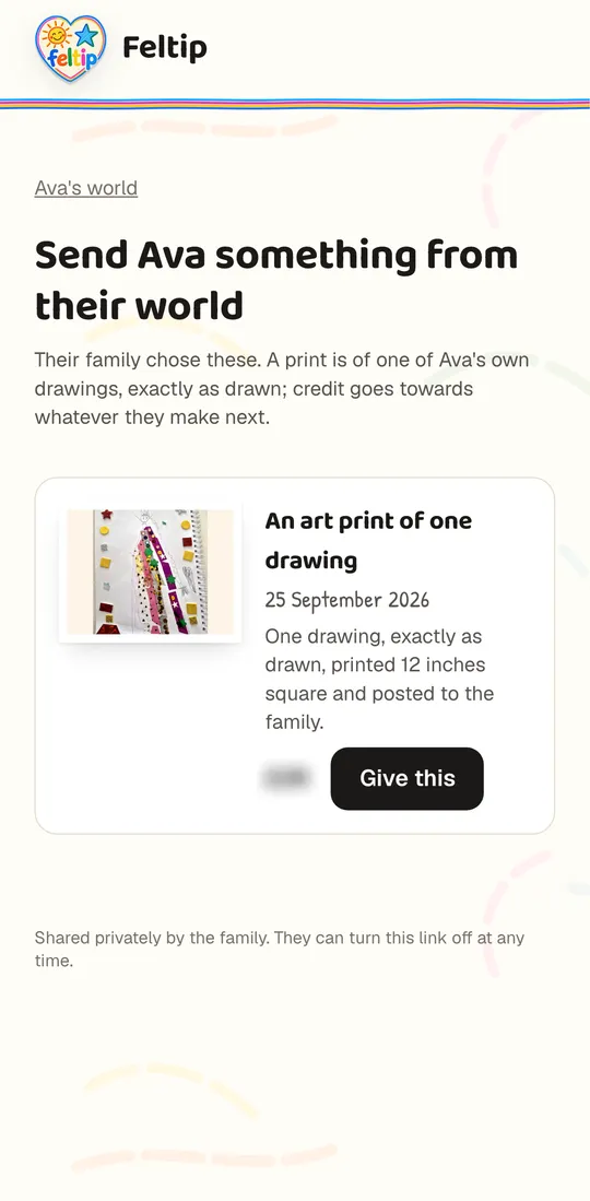 A grandparent's page to send Ava a print of one of her own drawings, with a Give this button.